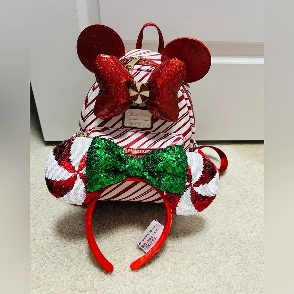 Disney Loungefly Peppermint Candy Cane Backpack and Ears Limited Edition Rare